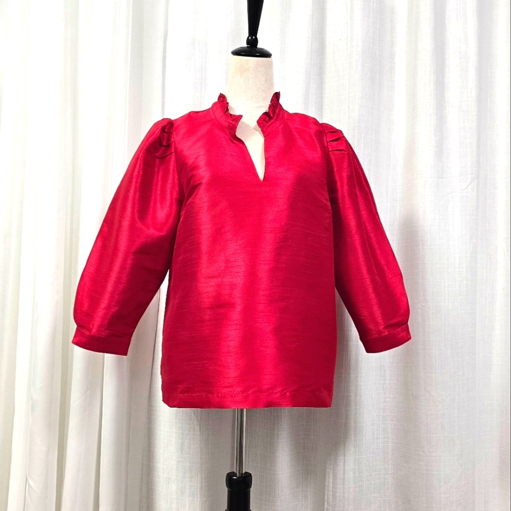 2/$30 Red‎ Peplum Taffeta Womens Top Size M Ruffle Collar Puffy Sleeves V Neck